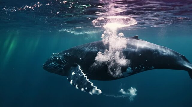 Large humpback whale swimming through deep blue ocean water with green aurora borealis light rays filtering through the surface ripples during a clear arctic night.