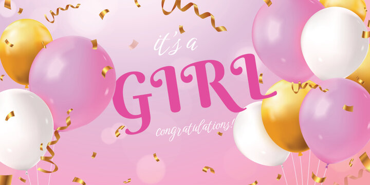 Baby shower girl. Newborn girly realistic banner template, infant baby birth announcement birthday party born child celebration 3d pink balloons confetti poster vector illustration
