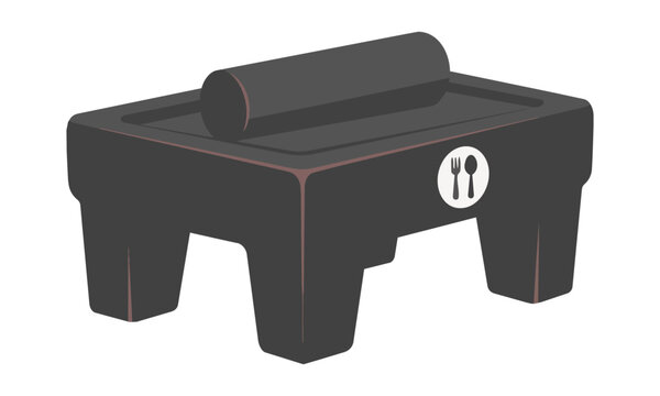 Stylized volcanic rock metate with mano, simple fork and spoon emblem, flat color concept
