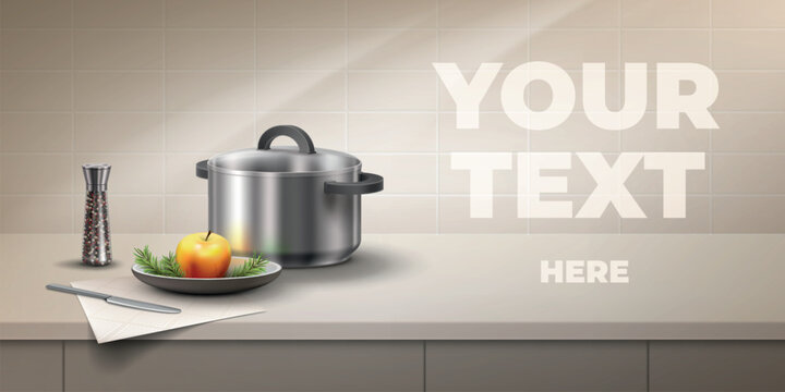 Kitchen desk banner. Realistic kitchen counter, table wall home cook room beige background cooking advertising saucepan plate knife on cooktop 3d minimal design vector illustration