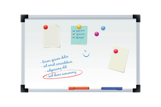 Magnetic board. Realistic magnetic whiteboard with memo notes on magnet, office work plan organize calendar to do list sticky paper white board wall 3d isolated vector illustration