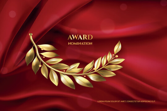 Olive branch award. Golden laurel tree, cinema festival winner nomination prize gold wreath leaves red silk curtain realistic vintage film luxury background vector illustration