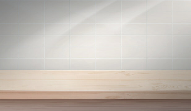 Realistic bathroom table. White tile bath wall shelf, kitchen counter modern room interior clean empty product display podium view 3d mockup luxury background vector illustration
