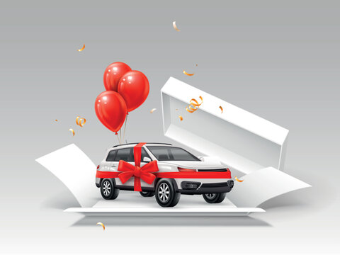 Realistic gift car. Suv car white giftbox red ribbon bow wrap, retail promotion car giveaway lottery grand prize vehicle auto dealer shop advertising banner 3d vector illustration