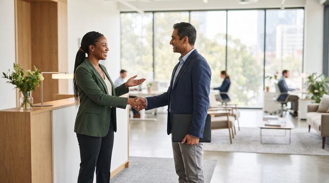 Two business professionals, a man and a woman of diverse ethnicity, shake hands and smile warmly in a modern office setting, symbolizing a successful meeting or partnership.