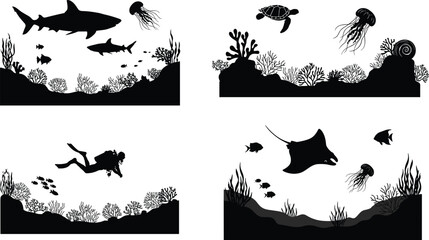 Underwater marine life horizontal scenes set with black wildlife silhouettes. © Mominul