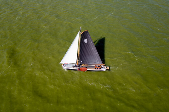 STAVOREN, THE NETHERLANDS AUGUST 12, 2023: Traditional Skutsjes Compete During the Annual SKS Skutsjesilen Sailing Championship on the IJsselmeer