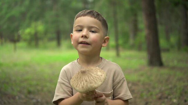 Little Boy Holding a Parasol Mushroom and Smiling in the Forest