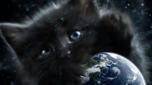 Giant black kitten biting planet Earth in outer space