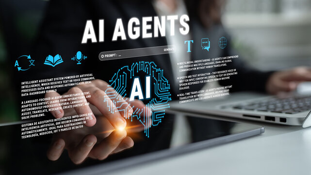 Businessperson Interacting with Digital Interface Showcasing AI Agents and Technologies in Modern Workspace Quark.