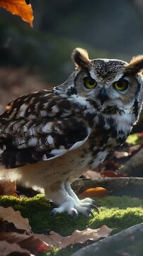 Vertical video: Spotting prey mottled owl raising on forest floor, displaying ear tufts talons