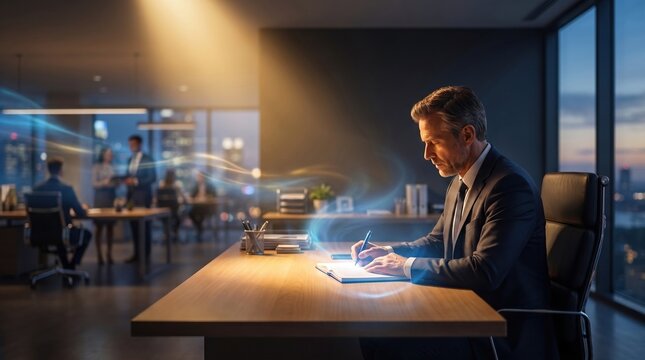A focused businessman sitting at his desk in a modern office writing in a notebook, surrounded by flowing blue energy lines and warm overhead lighting.