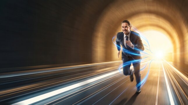 A smiling businessman in a suit running forward through a bright tunnel with motion blur and glowing blue energy lines. copy space
