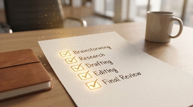 A completed workflow checklist on a wooden desk featuring glowing checkmarks next to brainstorming, research, drafting, editing, and final review tasks.