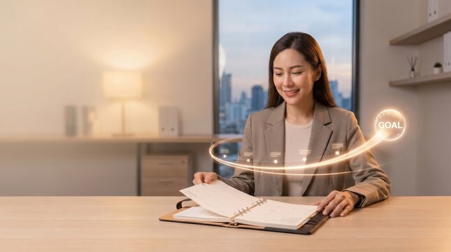 A smiling businesswoman sitting at a desk turning the page of a planner, with a glowing futuristic holographic graphic showing progress toward a GOAL