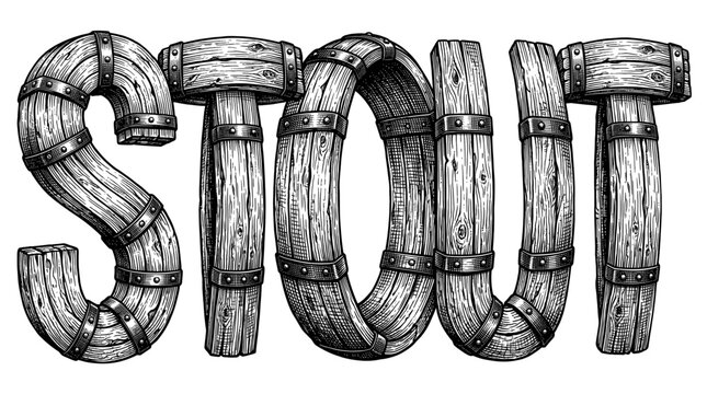 Vintage Engraved Stout Word Art Illustration Made of Wooden Barrel Textures Isolated on White Background