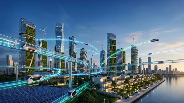 A futuristic eco city featuring high rise green buildings, solar panel arrays, wind turbines, elevated transit tubes, and flying autonomous vehicles.