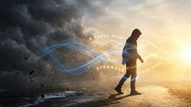 A silhouette of a person walking away from a stormy, dark sky toward a bright, glowing sunrise, surrounded by swirling energy lines