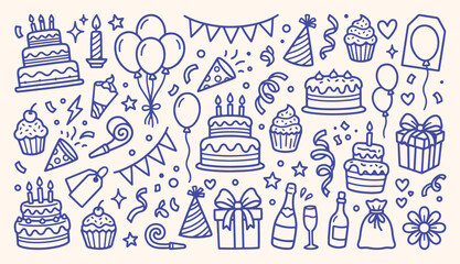 Hand drawn birthday celebration doodles set with cakes balloons gifts and party elements © Arshad