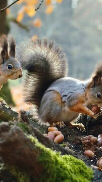 Vertical video: Seeing tail left squirrel on mossy branch watching squirrel eating nuts, copy space