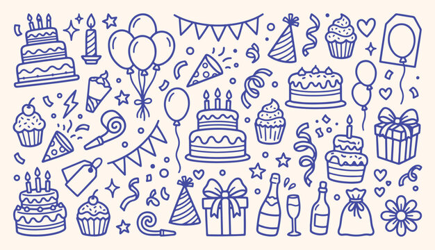 Hand drawn birthday celebration doodles set with cakes balloons gifts and party elements