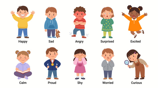 Set of cute diverse children expressing various emotions and feelings isolated on white background vector illustration