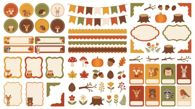 Autumn forest animal sticker set with fox, rustic frames, bunting banners, and fall leaves for seasonal stationery and scrapbooking