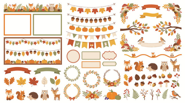 Autumn Forest Animals and Floral Design Elements with Fox Squirrel Leaves and Harvest Garlands for Fall Stationery