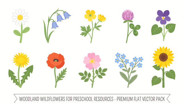 Colorful Woodland Wildflowers Vector Illustration Set for Children Nature Education and Preschool Learning Materials
