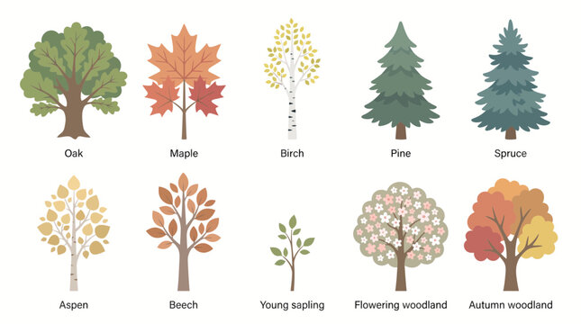 Set of various tree species illustrations including oak, maple, birch, pine, spruce, aspen, beech and seasonal woodland trees