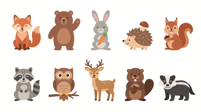 Collection of cute forest animals including fox, bear, rabbit, hedgehog, squirrel, raccoon, owl, deer, beaver, and badger in flat vector style
