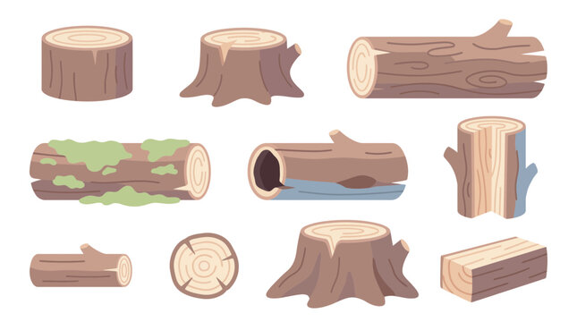 Set of cartoon wood logs, tree stumps, and timber elements in flat vector style