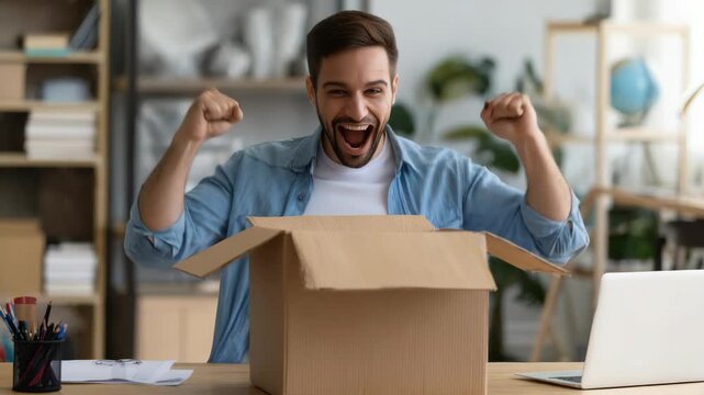 A man excitedly holds a box filled with pencils. He appears thrilled about the large quantity of pencils in the cardboard box.