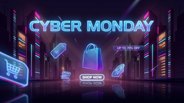 Futuristic neon Cyber Monday sale banner with shopping bag and city