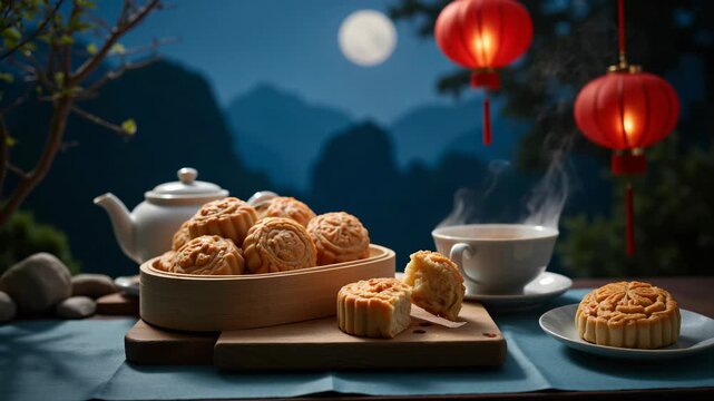 Delicious assortment of pastries and tea cups in a cozy evening setting with dim lighting.