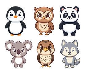 Fototapeta premium Charming cartoon illustrations of a penguin owl panda koala falcon and wolf on a white background for childrens designs