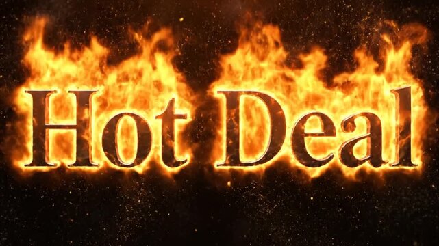 Hot Deal text on fire with sparks on black background