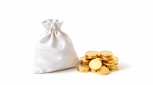 White money sack with gold coins, financial savings, wealth growth, money bag, gold coin stack, treasure bag, banking concept, investment, finance icon, capital, rich, deposit, cash reserves.