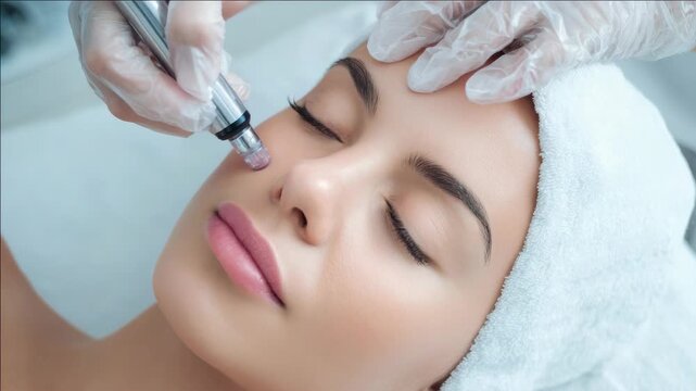 A person undergoing a beauty service with an esthetician applying false eyelashes