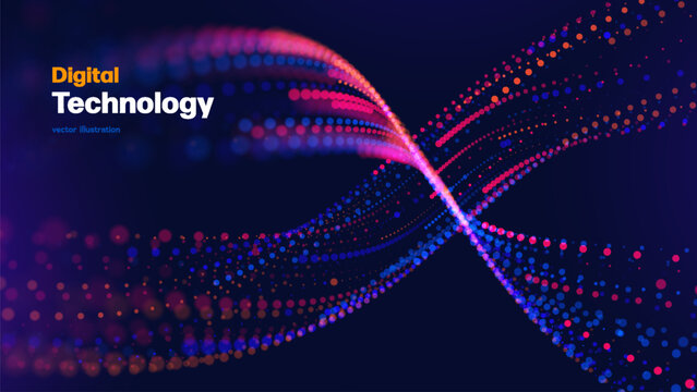 Digital Technology Background Featuring Abstract Data Flow, Glowing X Wave, AI Network, Big Data And Digital Connection, Social Media. Digital Technology Concepts. Vector Illustration.
