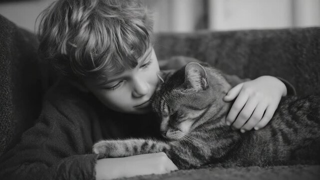 This is a black and white of a young child gently stroking the head of a cat while sitting together on a couch. The captures an intimate bond between human and animal.