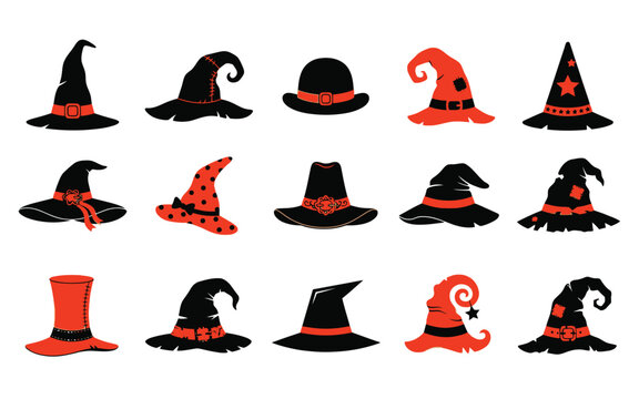 Set of various witch hats for halloween vector illustration featuring festive orange and black spooky holiday designs