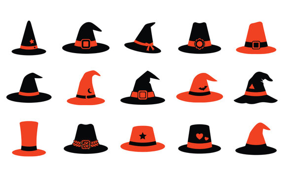 Set of various witch hats for halloween vector illustration featuring festive orange and black spooky headwear designs