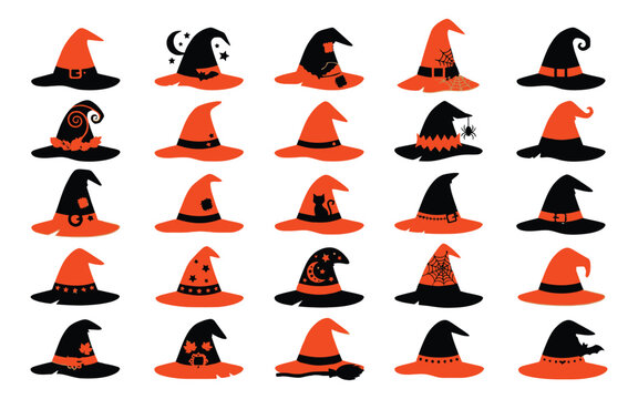 Set of various witch hats for a spooky halloween vector illustration featuring festive orange and black designs