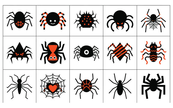 Set of scary spiders for halloween vector illustration featuring various creepy insect designs for holiday decoration and spooky graphics