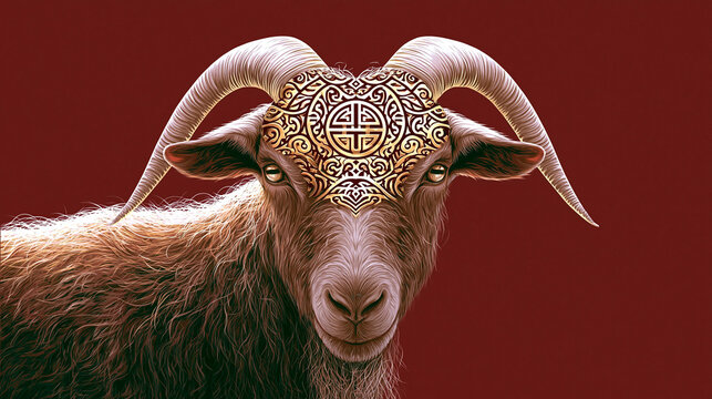 chinese new year card, Chinese New Year, year of the goat. Chinese goat on a red background, with copy space 2027