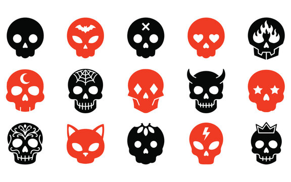 Set of spooky halloween vector illustration icons featuring various skull designs in black and orange color palette