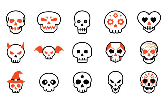 Set of various stylized human skulls for a creative halloween vector illustration with diverse decorative elements and designs