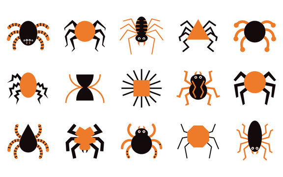 Set of various spider icons for halloween vector illustration featuring black and orange creepy arachnid silhouettes on white