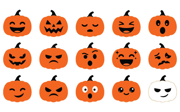 A collection of various carved pumpkin faces in a fun halloween vector illustration for seasonal party design projects